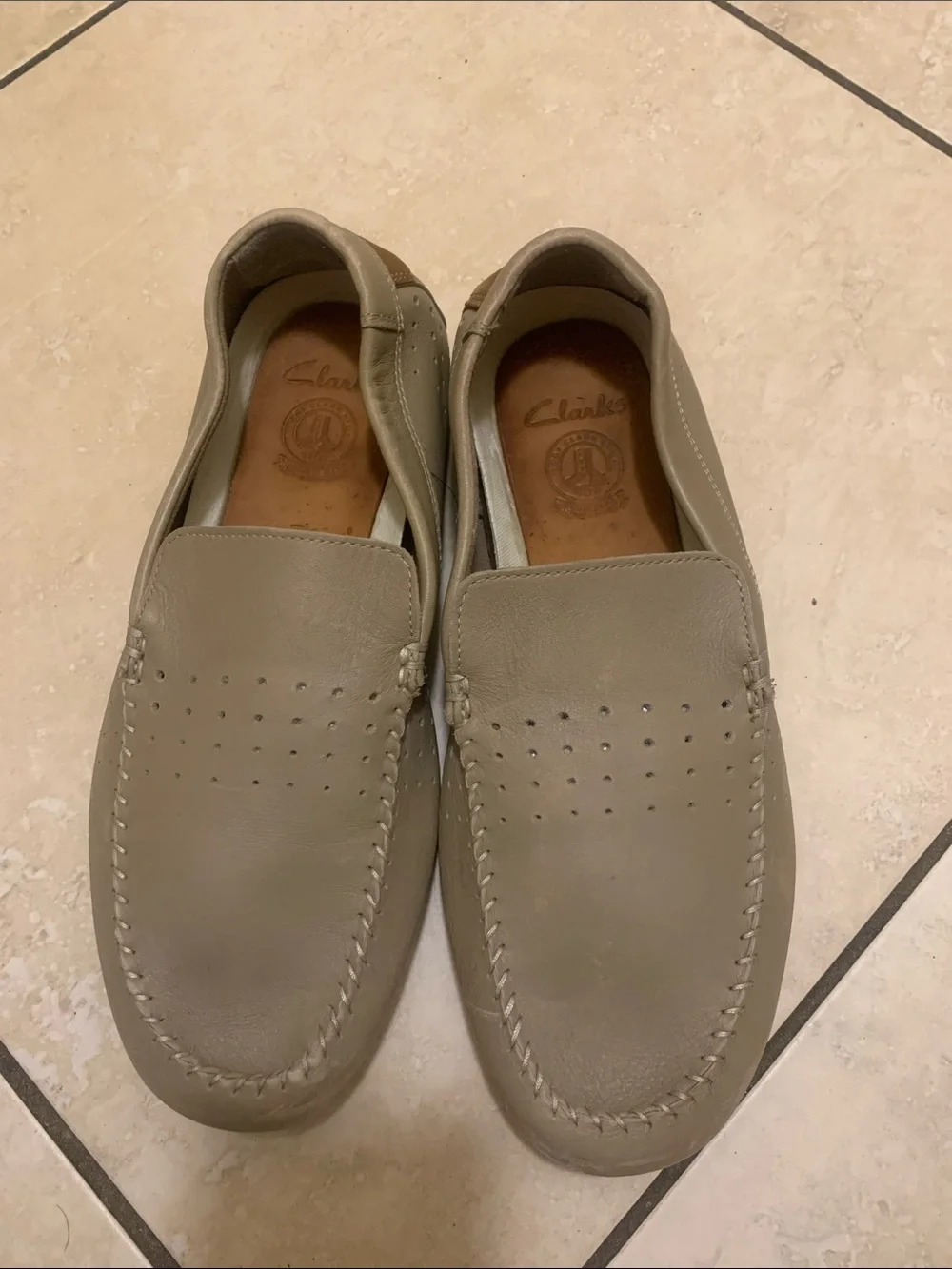 Clarks Men’s Taupe Slip-On Loafers with Perforated Uppers